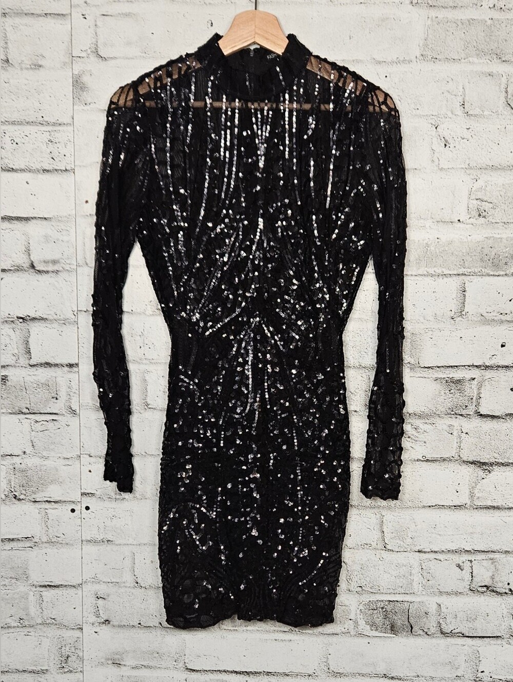 Fashion Nova Black Sequin Sheer Mesh Bodycon Mini Dress Size M